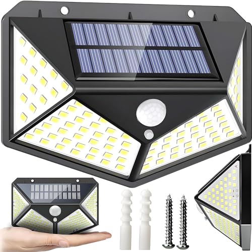 SQUADO Luce led a energia solare per esterno, 100 LED con 3 modalità di illuminazione Lumen luci di sicurezza a 270° con sensore di movimento energia solare impermeabile IP65 per giardino patio (1)