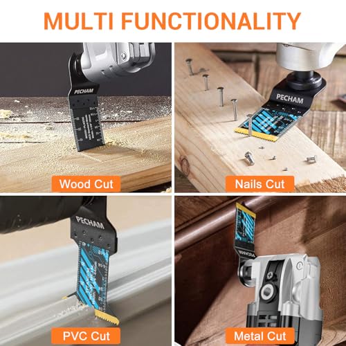 Image of Oscillating Saw Blades, PECHAM 45PCS Professional Universal Titanium Multitool Blades for Wood Plastics Metal Quick Release Multi Tool Kits Fit Rockwell Ridgid Ryobi Milwaukee Chicago Craftsman