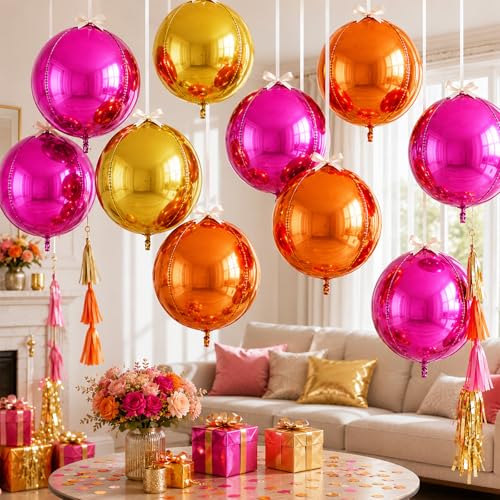 Image of 9 Pcs Pink Orange Gold Round Foil Balloons 22 In Metallic Hot Pink Gold Orange Chrome 4D Ball Balloon Mylar for Tropical Fiesta Summer Birthday Baby Shower Anniversary Sunset Disco Party Decor