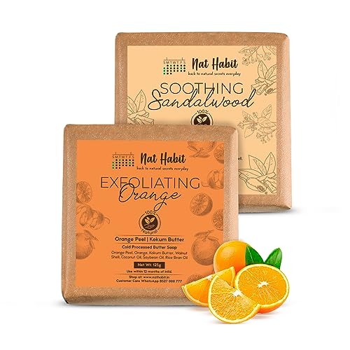 Image of Nat Habit Orange & Sandalwood De-Tan Bath Soap Combo | Cold-Processed Soaps with Vitamin C & Rakt Chandan | Body Acne, Pimple & Oil Control, Skin Brightening, Scar Reduction & Collagen Boost| 125g Each