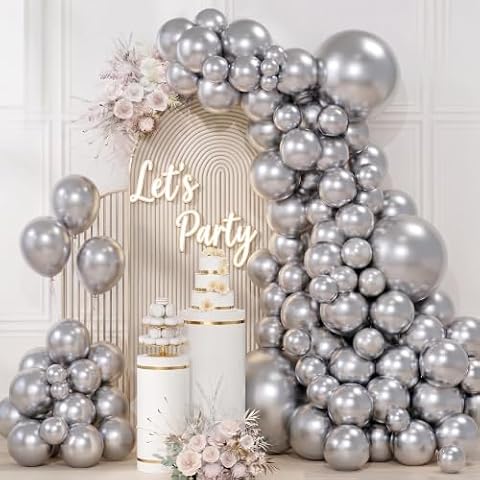 QIFU Zestaw Łuku Z Balonów Srebrny - 100 Pcs Metalicznych Srebrnych Balonów