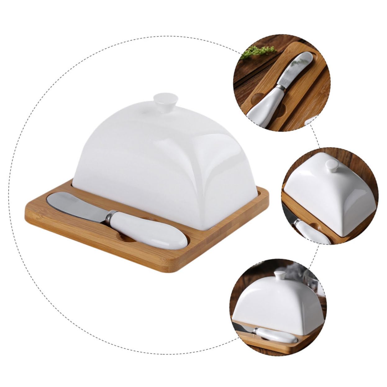 MAGICLULU Beurrier en Céramique avec Couteau et Couvercle – Plat à Beurre 15 Cm en Porcelaine Semi-artisanale – Vaisselle Ménagère pour Maison – Rangement Beurre et Fromage – Set 3 Pièces