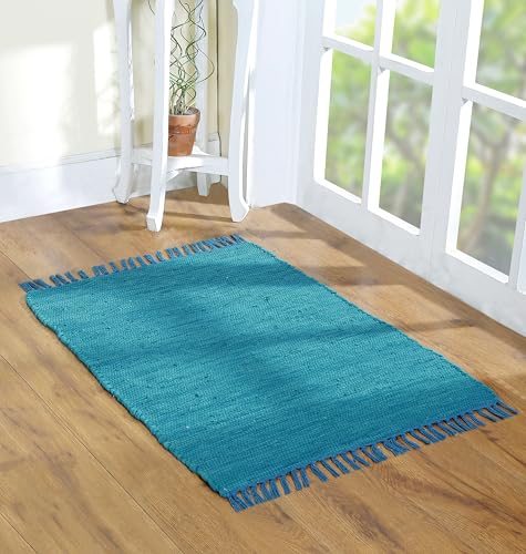 Cotton Rag Rug 24''x36''- Multicolor Chindi Rug - Hand Woven Washable & Reversible for Living Room Kitchen Entryway with Tassel (Aqua Solid)