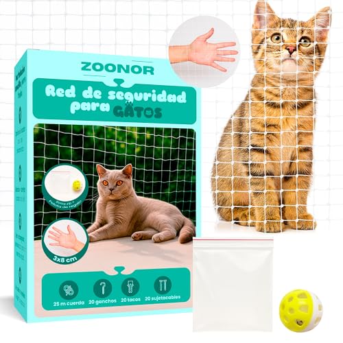Zoonor® Red para Gatos Terraza Transparente – Red Gatos de Seguridad 3x8m con Taladro, Malla Protectora para Balcón y Ventanas, Redes Resistentes UV con Kit de Fijación, Ganchos, Juguete y Bolsa Zip