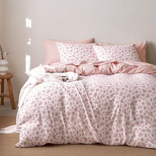 Image of Wake In Cloud - Queen Size Comforter Set, 3-Piece, Floral Shabby Chic Coquette Cottagecore Flower Light Blush Pink Green, Soft Lightweight Bedding for Women Girls