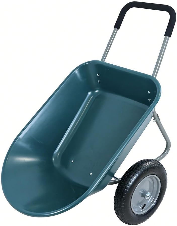 Dual Wheel Wheelbarrow 300LB Capacity, 5 Cu.Ft. Garden Cart with 15" Pneumatic Tires, Heavy Duty Yard Wheelbarrow with Loop Handle & Stand for Lawn, Landscaping, Construction, Green
