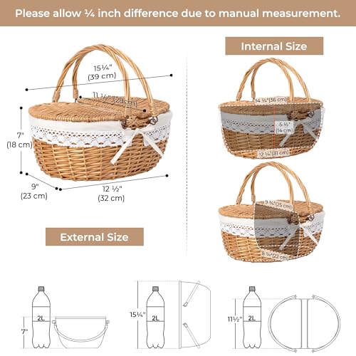 GRANNY SAYS Picnic Basket, Wicker Basket with Lid, Woven Cute Basket with Handle, Storage Basket with Washable Lining & Dual-Flid Lid, Natural Willow Picnic Hamper, White Lining - Thumbnail 3