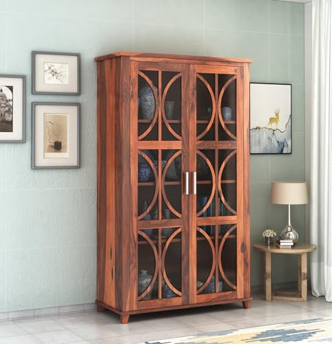 Image of SONA ART & CRAFTS Sheesham Wooden Crockery Cabinets with Glass Door | Wooden Showcase Almirah | Solid Wood Book Shelf Crockery Unit for Kitchen Living Room (Honey Finish-CC04)