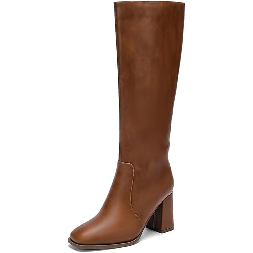 Wide Calf Knee High Boots for Women Square Toe 3.5-Inch Chunky Heel Tall Boots Side Zipper Long Boots