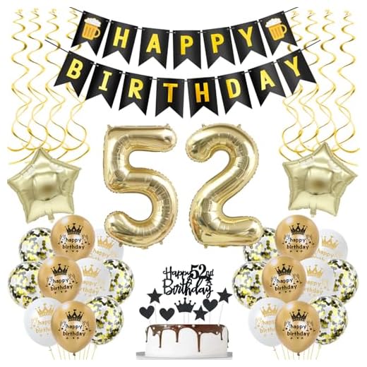 Globos de 52 cumpleaños con diseño de hombre y mujer, color negro y dorado
