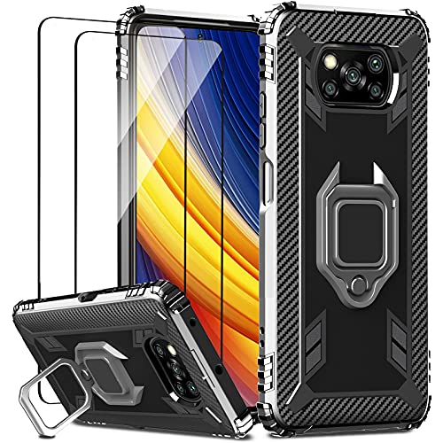 IMBZBK Funda para Xiaomi Poco X3 Pro/Poco X3 NFC + 2 Pack Protector Pantalla Cristal Templado, [Soporte Giratorio de 360 Grados con Anillo de...