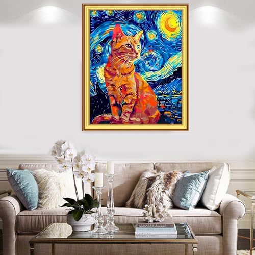Image of Foxnyart Stamped Cross Stitch Kits Full Range of Embroidery Needlework Starter Kits for Beginners Adults 11CT Embroidery Patterns Art Crafts DIY Needlepoint Kit-Van Gogh Starry Cat 16x20 inchs
