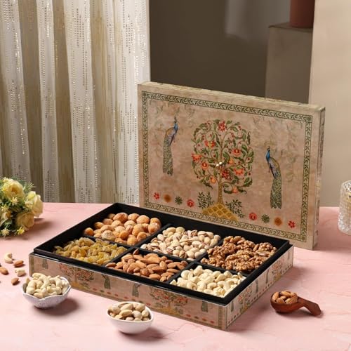 Image of Riwaz Green Peacock Dry Fruits Gift Box | Elegant Enamel Green Designer Packaging | Assorted Almonds, Cashews, Pistachios, Walnuts, Raisins & Khumani | Ideal for Rakhi, Diwali, Eid & Festive Gifting