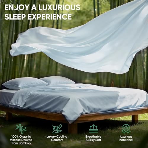Image of TWK Real 100% Viscose Derived from Bamboo Sheets Set King Size, Cooling & Silky Soft for Hot Sleeper, Breathable & Moisture Wicking Fabric, 18 inch Deep Pocket with Corner Straps (French Blue, King)