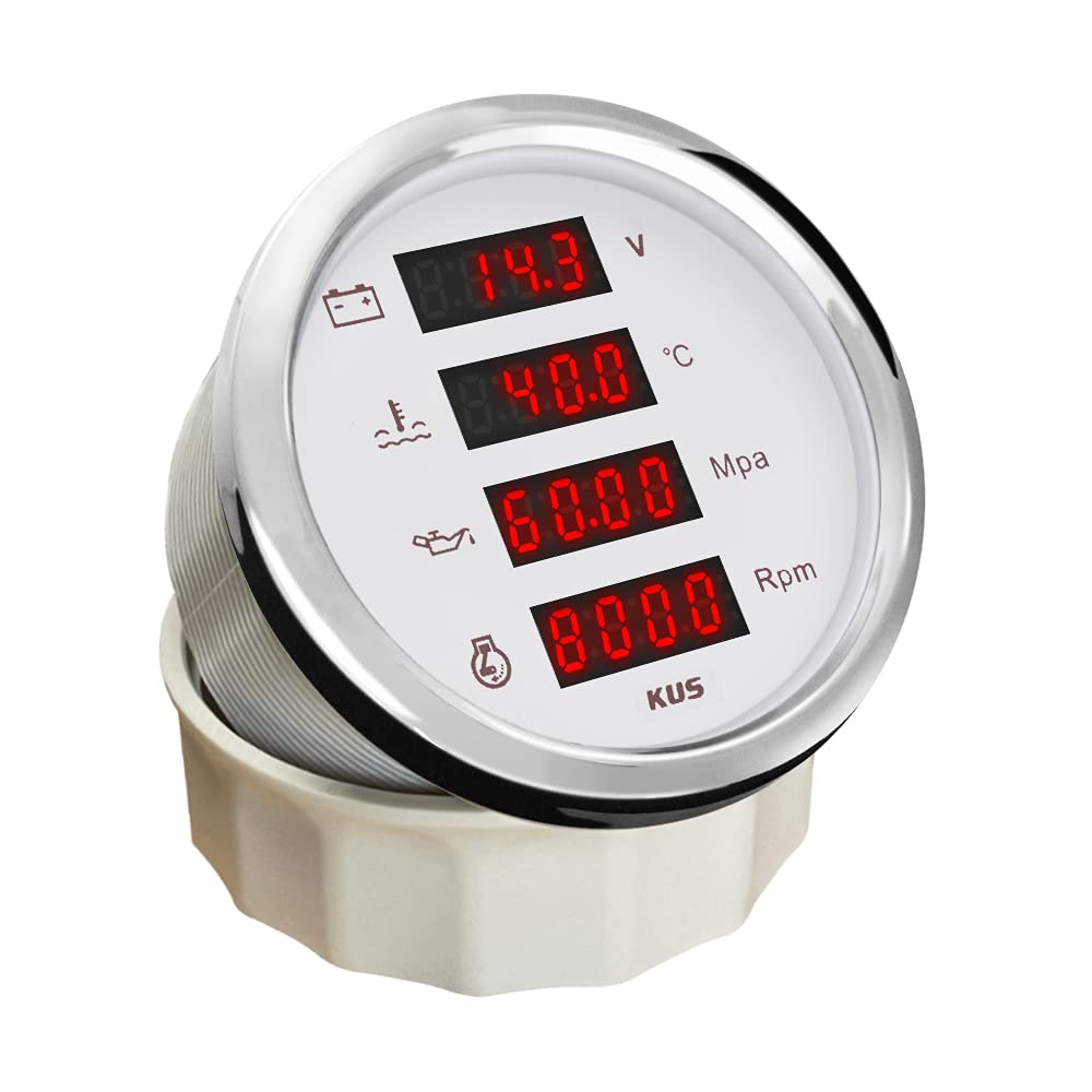KUS Universal 85 mm digitales 4-in-1-Multifunktionsmessgerät Voltmeter Wassertemperatur Öldruck Drehzahlmesser für Boot Auto Motorrad