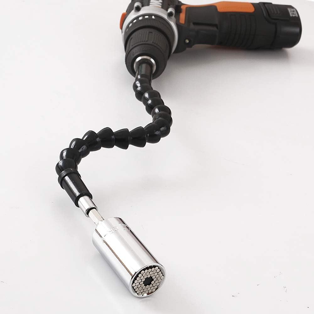 Universal Socket Wrench, Self-adjusting Socket Fits Standard 1/4''-3/4'' (7-19mm) with Ratchet Wrench Power Drill Adapter, 2Pcs 11.6'' Flexible Drill Bit Extension Shaft with Drill Bit Sets