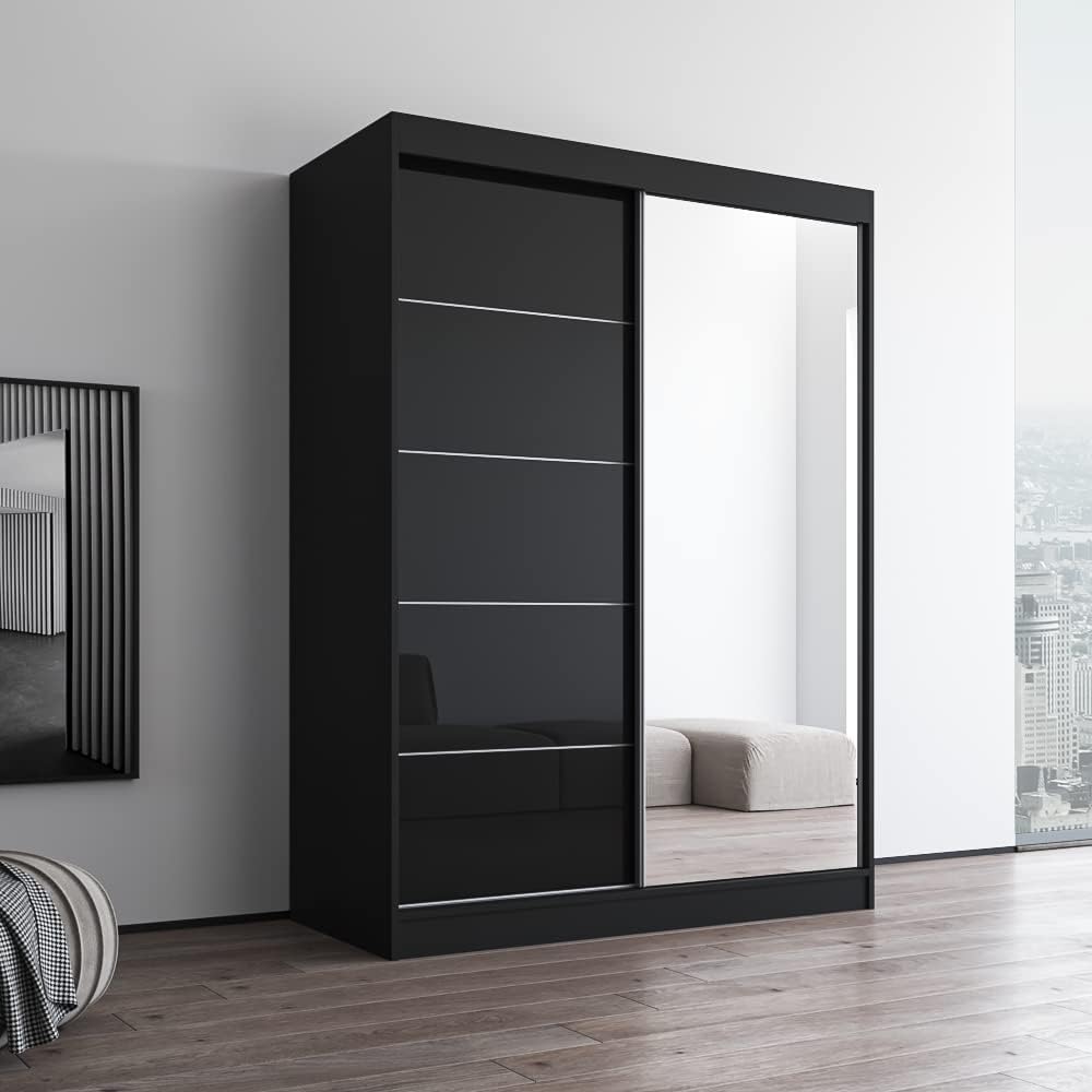 Meble Furniture Aria 2D Wardrobe with Mirror Doors — Spacious Storage with Shelves and Hanging Space — Modern Armoire Closet — Black with Mirror, 80" H x 59" W x 26" D