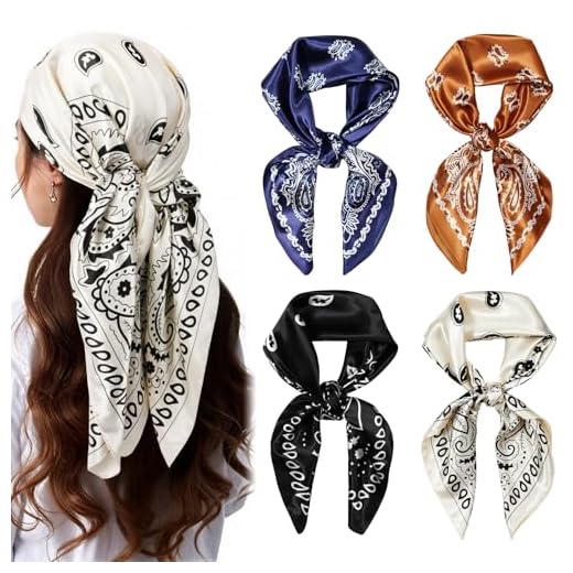 AUAUY Lenço de cabeça para cabelo feminino, lenço de cabelo quadrado de cabeça de cetim de 99/60 cm, lenços de pescoço estampados modernos, Preto + branco + azul + marrom, 4pcs-35"