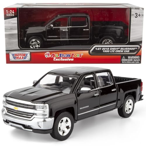 All Star Toys Exclusive 2018 Chevy Silverado 1500 LTZ Crew Cab Black with Chrome Trim 1:27 Diecast Model Motormax 79353