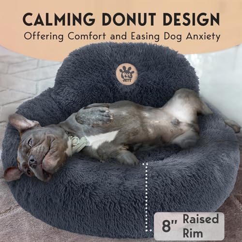 PetJett Calming Small Dog Bed - 23'' Round Dog Beds, Anti-Slip & Washable Puppy Bed - Super Soft Fluffy Plush Faux Fur Pet Bed, Anti-Anxiety Premium Comfort Donut Bed, Fits Dogs upto 25 lbs, Dark Gray - Image 5