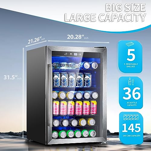 Antarctic Star Beverage Refrigerator,145 Can Mini Fridge,Freestanding wine cooler for Soda Beer or Wine,Glass Door, Small Drink Dispenser Machine, Touch Screen for Home Office or Bar, 4.5cu.ft.