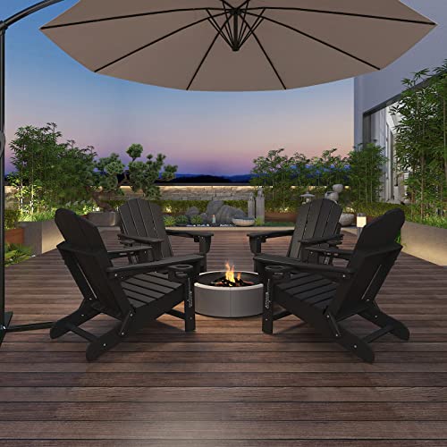 Mdeam Adjustable Backrest Adirondack Chair Folding Patio Lawn Outdoor Fire Pit Chairs Adirondack Chairs Weather Resistant With 2 Cup Holder/Adirondack Retractable Ottoman(Black) #TOP1