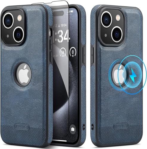 Coque en cuir pour iPhone 15 Plus MagSafe bleu luxe élégant avec logo visible
