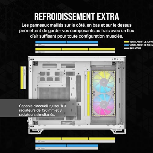 CORSAIR iCUE LINK 2500X RGB Boîtier Petit Tour mATX à Double Chambre – Verre Trempé Panoramique - Connexion Inversée Compatible Avec la Carte Mère – 2x Ventilateurs CORSAIR RX120 RGB Inclus – Blanc