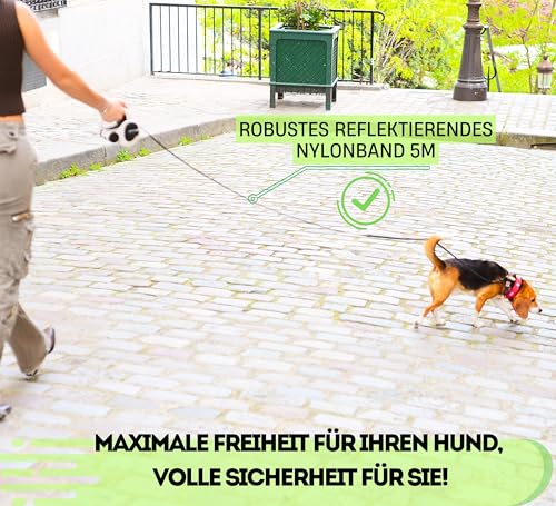 Snuggle Paws Hundeleine 5m Ausziehbar – Alles-in-Einem: Verbesserter LED-Lampe, Kotbeutelspender, Anti-Kau-Stahlseil & Reflektierendem Gurtband | Rollleine für Große Hunde bis 50kg