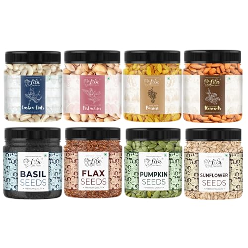 Image of LILA DRY FRUITS Dry Fruits & Seeds Combo - Almonds, Cashew, Pista, Raisins with Flax, Sunflower, Basil & Pumpkin Seeds 100 Gms x 8 | Healthy Snack Mix for Daily Nutrition Perfect for Gifting