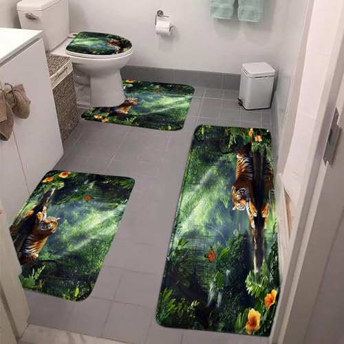DSMEUE 4 Pieces Bathroom Rug Sets,Tropical Jungle Rainforest Tiger Forest