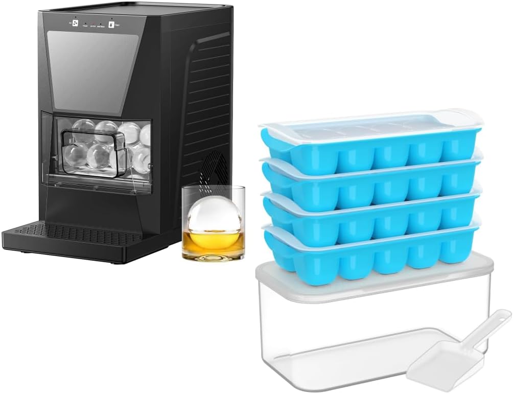 IC3CM Ice Cube Trays with Bin 4 Pack + IM1 2.2-Inch Clear Ice Ball Machine