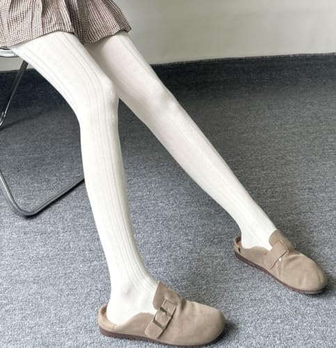 Image of Mrotrida Women's Vertical Stripe Jacquard Tights Autumn Winter Solid Elastic Leggings Thickened Warm Pantyhose (US, Alpha, One Size, Regular, Regular, White)