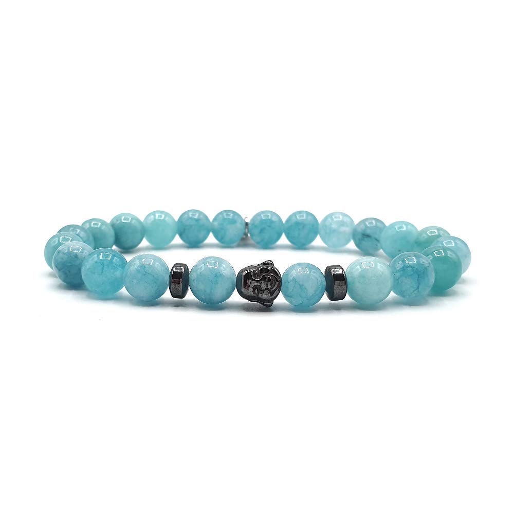 KARDINAL WEIST Smiling Buddha Aquamarine Bracelet, Gemstone Beads, Power Stone Jewellery for Men and Women, Chakra - Lucky Charm - Friendship (XL+, Hematite)