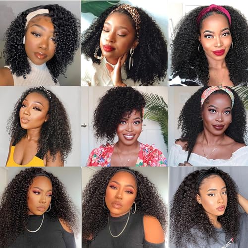 Image of Headband Wig Human Hair Kinky Curly Headband Wigs for Black Women Human Hair Headband Wig Curly Human Hair Wigs Brazilian Virgin Hair Wear and Go Glueless Wig Natural Color 150% Density 14 Inch