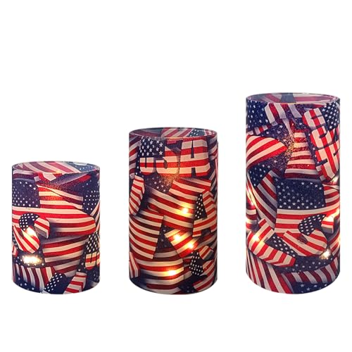 Image of Independence Day Patriot Flickering Flameless Candles US Flag, Embedded Star String Lights, Battery Operated Acrylic LED Pillar Candles with 11-Key Remote and Timer for Home Decoration, 3 Pack
