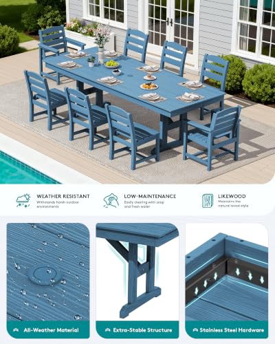 Image of SERWALL 9 Piece 84 inch HDPE Outdoor Dining Set with 6 Armless Chairs, 2 Armchairs and Umbrella Hole for 8, Blue