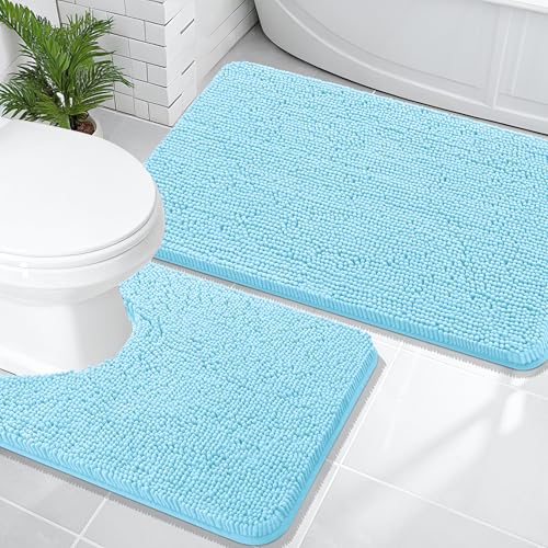 Image of OLANLY Bathroom Rugs Sets 2 Piece, Soft Absorbent Chenille Bath Mats and U-Shaped Contour Toilet Mat Area Rug Set, Machine Washable Bath Carpet, Home Decor Accessories(36 inchx24 inch+24 inchx20 inch, Sky Blue)