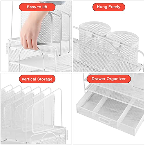 Image of Marbrasse Desk Organizers, 4-Tier Mesh Desk File Organizer with 5 Vertical File Holders and 2 Pen Holders, Multifunction Desktop Organizer,Desk Organizers and Accessories for Home Office (White)