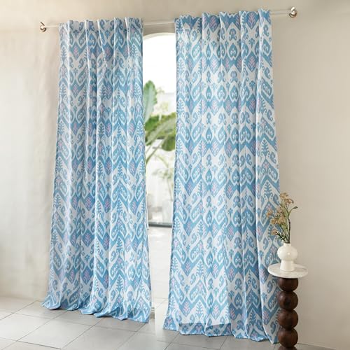 Image of Tranquebar Curtain Co. Cotton Curtains 7 Feet Long Set of 2, 60-65% Room Darkening, Blue-Red Chevron Print, Door Curtains 7 Feet Set of 2, BackTabs, Ikat (213 cm) - Set of 2