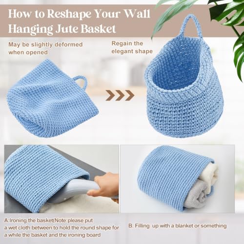 Image of Honeydak 3 Hanging Baskets, Light Blue, Barrel, Cotton Rope