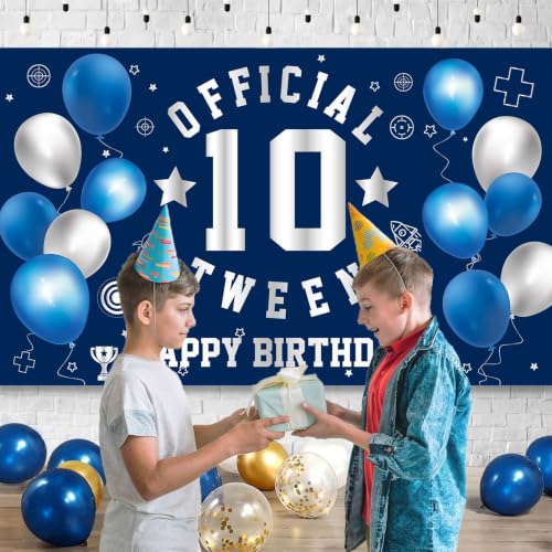 Image of Happy 10th Birthday Banner Backdrop 10th Birthday Decorations for Boys | Large Official Tween 10 Year Old Backdrop HBD Party Decorations Supplies, Navy Blue Silver