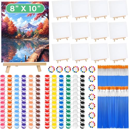 120pcs 8x10 Inch Painting Supplies Kit 12Pack Art Canvas Bulk with Easel Stand 12 Colors Mini Acrylic Paint Set Small Paint Brushes Paint Trays Paint Canvas Kit