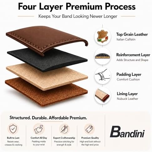 Bandini Extra Long (XL) 22mm Mens Italian Leather Watch Band Strap - Light Brown - Mat Finish - Tone-on-Tone Stitching - 4