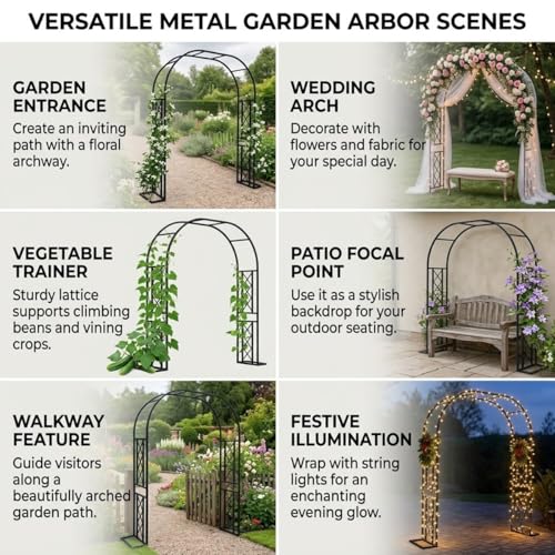 Heavy Duty Garden Arbor, 270cm Steel Archway do roślin wspinaczkowych, rama z róży malowanej proszkowo z podstawą, Wytrzymała zewnętrzna metalowa pergola podpora dla wystroju ogrodów tarasowych