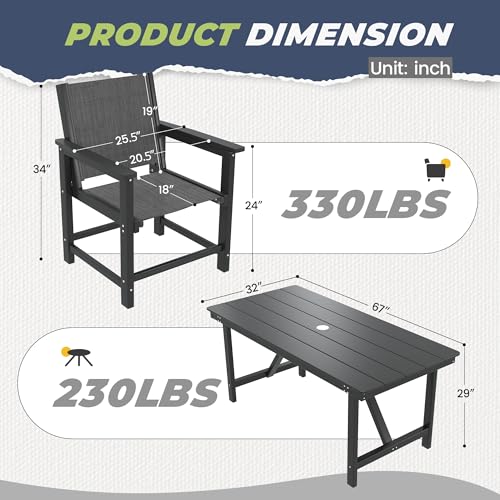 Image of 7 Piece HDPE Patio Dining Set, All-Weather Outdoor Table and Chair Sets with Umbrella Hole Outdoor Dining Table Sets of 6 Textilene Fabric Patio Chairs for Backyard, Poolside, Garden, Deck(Black)