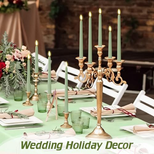 Image of Rossesay 48 Pcs Flameless LED Taper Candles Battery Operated Candles 4 Sizes of 8.5'', 9.65'', 10.83'', 12.8'' Flameless Candlesticks Flickering for Halloween Christmas Church Wedding(Sage Green)