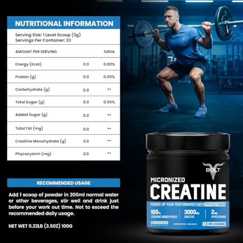 Image of Bolt Micronised Creatine Monohydrate 3000 Powder|With Phycocyanine|Provides Energy Support For Heavy Workout|Formulated In Usa|100 grams (0.22Lb),33 Serving|Unflavored