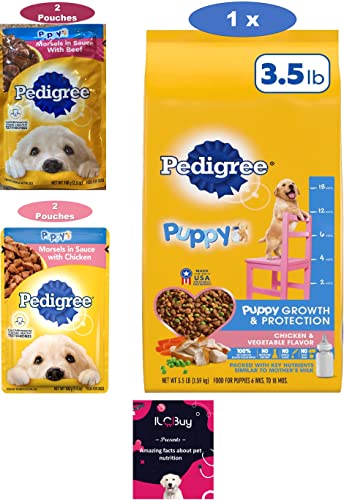 Pedigree Puppy Food Variety Bundle, 01 Bag (3.5Lb) Chicken & Vegetables Flavor And 04 Pouches Morsels In Sauce, (02) Chicken And 02 Beef. Plus A Amazing Facts About Pet Nutrition Booklet. #TOP1