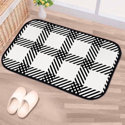 Nuansexi Bathroom Rugs Black White Tartan Plaid Scottish Pattern Floor Mats Non Slip Bathmat Doormat Tub Mat Coral Velvet Absorbent Entrance Carpet Mats Machine Washable Bedroom Decor